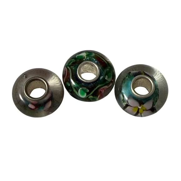 Artistic 3pc Floral Lampwork Glass European Charm Multicolor Silver Tone Core - Picture 5 of 6